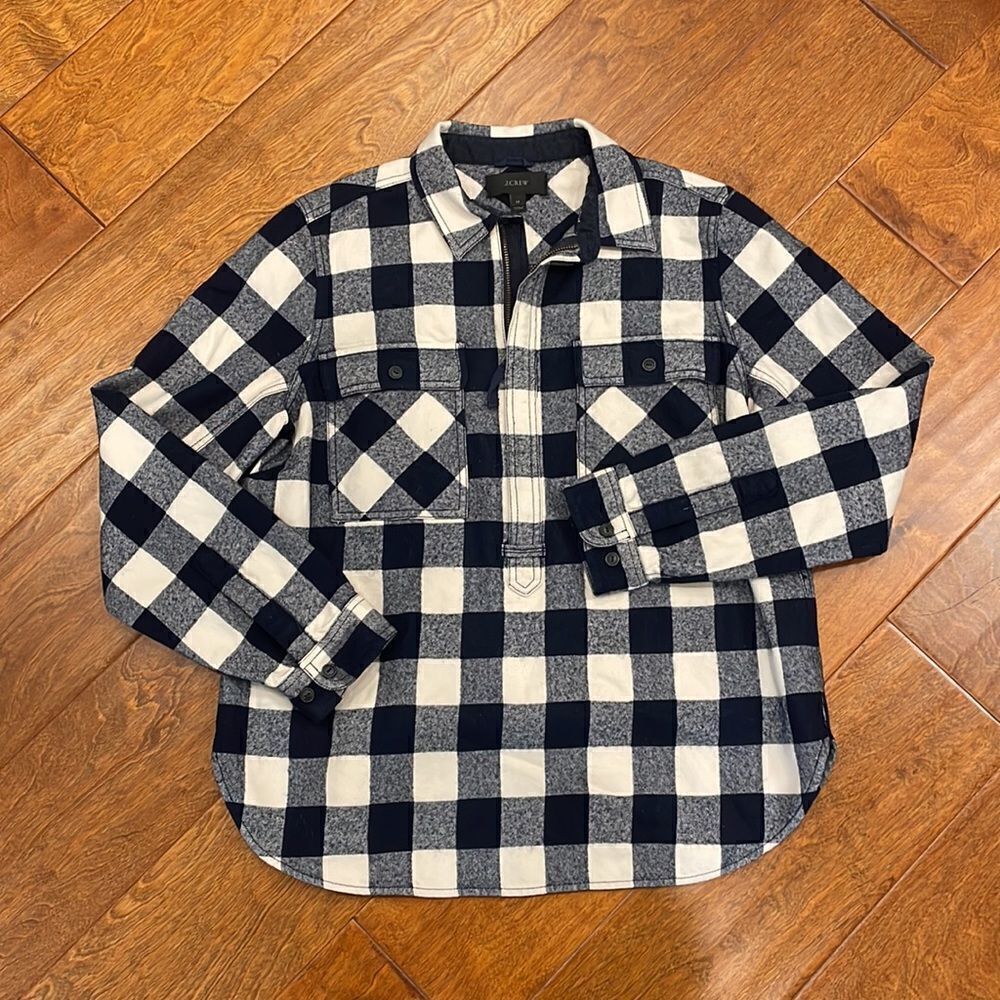 J. Crew 1/2 Zip Plaid Shirt Jacket Size Medium, Black and White